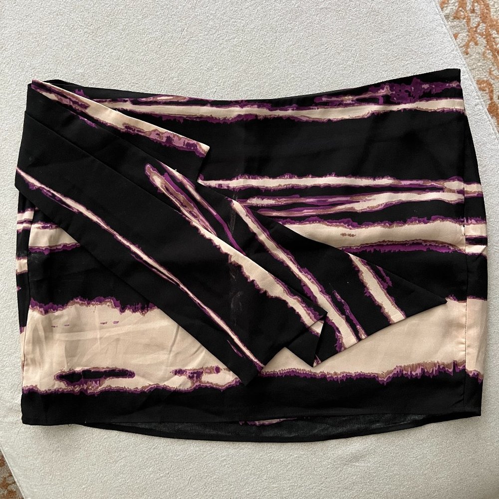 EUC Rampage Faux Wrap Detail Front, Black, Tan, Purple Mini Skirt Sz L